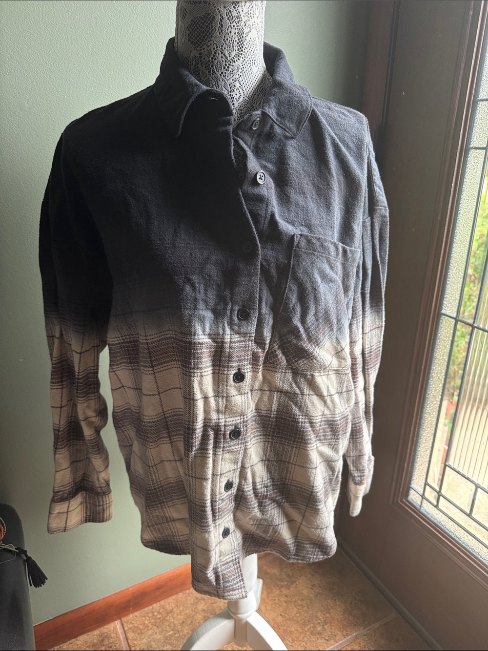 women’s Black and Cream Ombre Plaid Button-Up Flannel